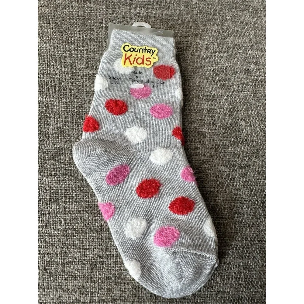 Country Kids Girls Socks Size 5-6 Pink White Gray Polka Dots Ruffle 3 Pairs